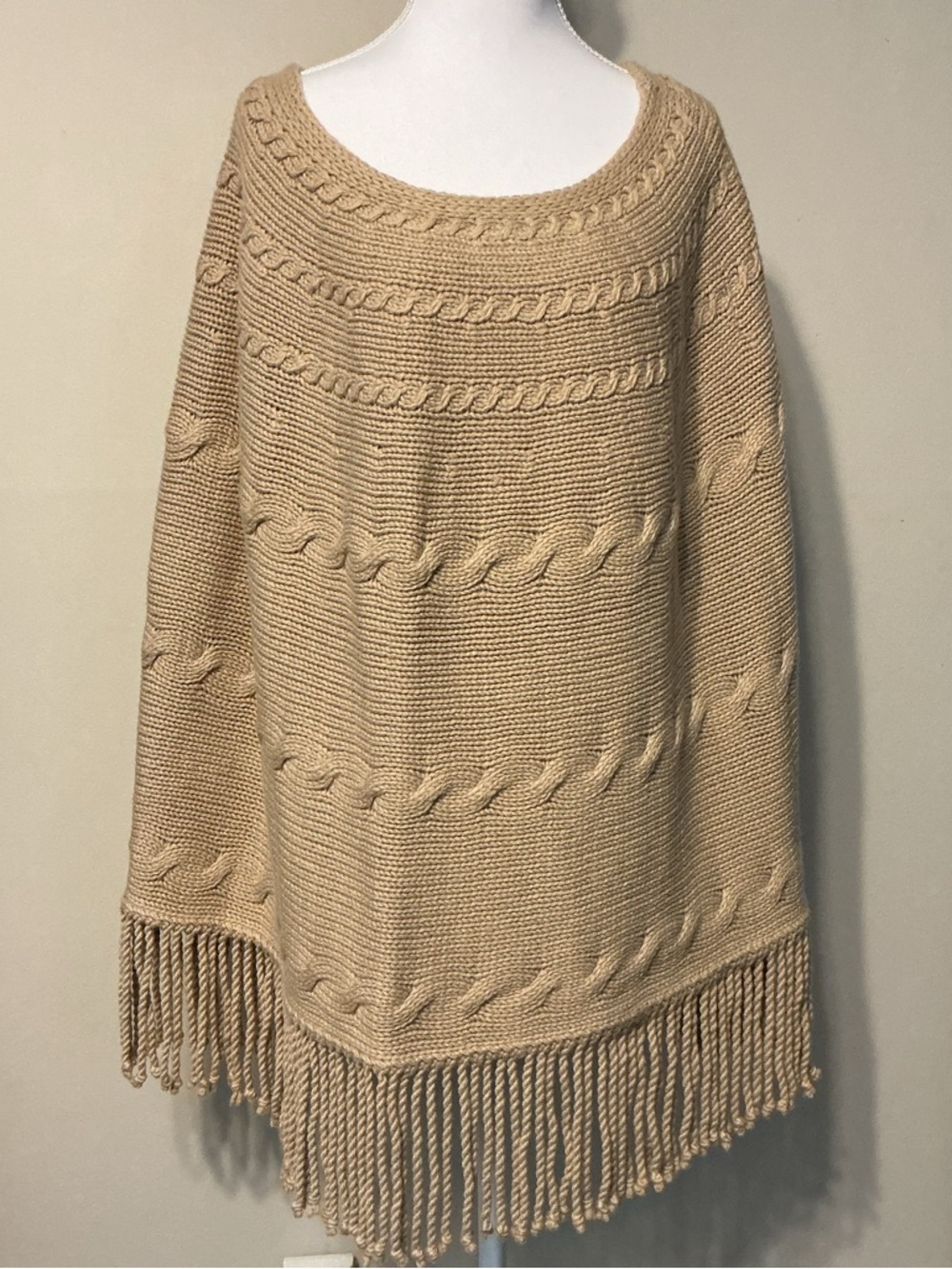 Lands' End Cable Knit Fringe Poncho - Beige